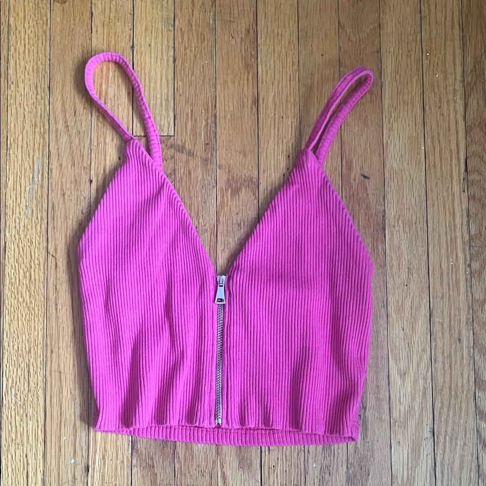 Zara Fuchsia Ribbed Zip Crop Tank
